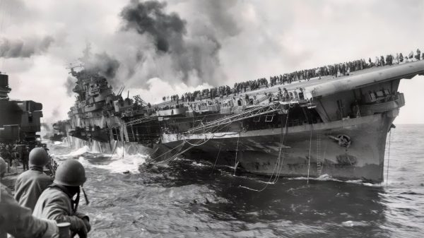 USS Franklin US Navy Aircraft Carrier on Fire
