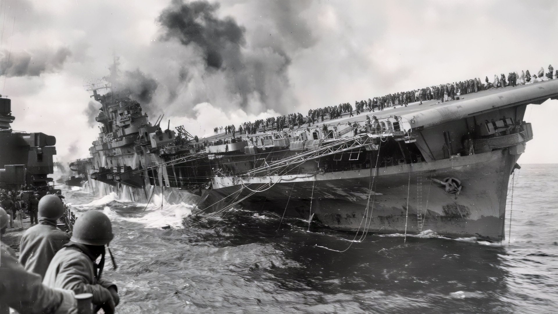 USS Franklin US Navy Aircraft Carrier on Fire