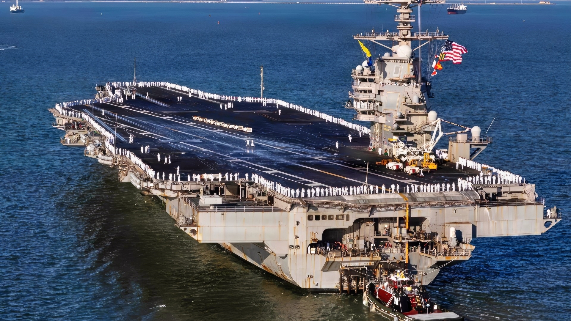 NORFOLK, Va. (May 16, 2026) USS Gerald R. Ford (CVN 78) returned to Naval Station Norfolk, May 16, 2026, following a historic 11-month deployment to U.S. 2nd, 4th, 5th, and 6th Fleets as part of the Gerald R. Ford Carrier Strike Group. Before returning to Norfolk after 326 days, the Gerald R. Ford crew conducted 23 replenishments-at-sea and sailed over 57,713 nautical miles. Embarked Carrier Air Wing 8 logged more than 5,760 flight hours and 12,200 flight launches. (U.S. Navy photo by Mass Communication Specialist 2nd Class Mike Shen)