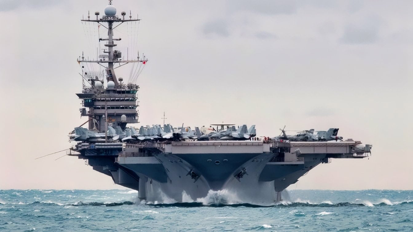 (Dec. 26, 2015) -- Aircraft carrier USS Harry S. Truman (CVN 75) transits the Straight of Hormuz. Harry S. Truman Carrier Strike Group is deployed supporting maritime security operations and theater security cooperation efforts in the U.S. 5th Fleet area of responsibility. (U.S. Navy photo by Mass Communication Specialist 2nd Class M. J. Lieberknecht/Released)