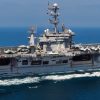 The aircraft carrier USS John C. Stennis (CVN 74) transits the Persian Gulf. John C. Stennis is deployed to the U.S. 5th Fleet area of responsibility conducting maritime security operations and support missions as part of Operations Enduring Freedom and New Dawn.