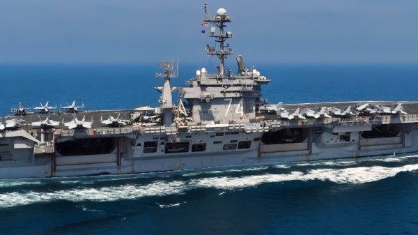 The aircraft carrier USS John C. Stennis (CVN 74) transits the Persian Gulf. John C. Stennis is deployed to the U.S. 5th Fleet area of responsibility conducting maritime security operations and support missions as part of Operations Enduring Freedom and New Dawn.